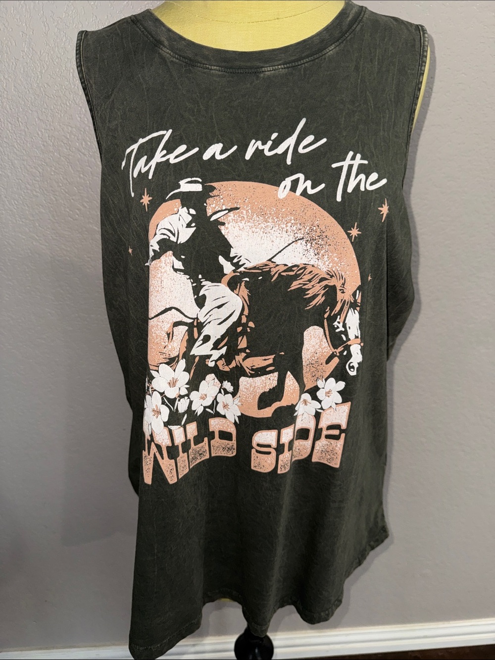 Take a Ride on the Wild Side Graphic Tank Top - Olive with Peach Print - Horse